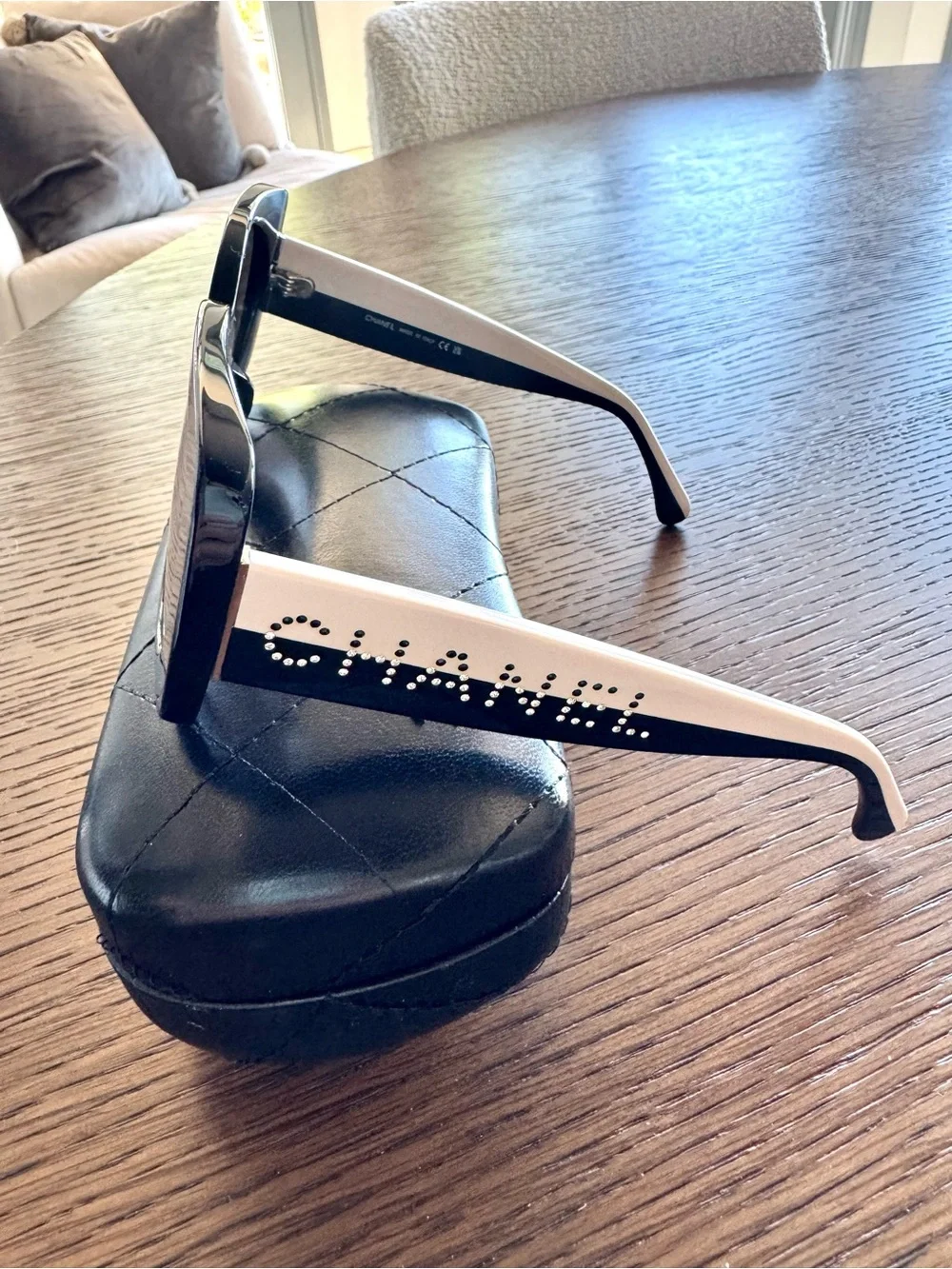 CHANEL Authentic Black and White with Rhinestone Accent Square Women Sunglasses